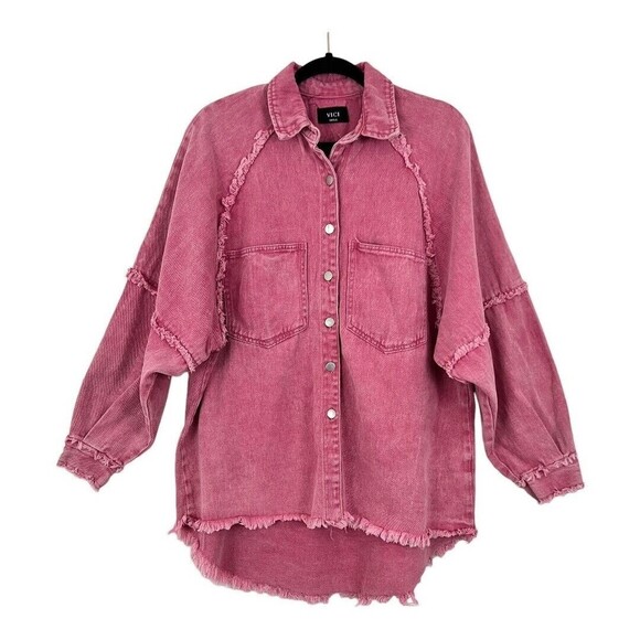 VICI Womens Size Small Pink Alberta Cotton Frayed Shacket - Picture 2 of 6